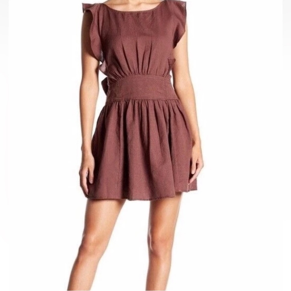 Free People Erin Skater Ruffle Dress Open Back,Brown Size Small:Boho Cottagecore
